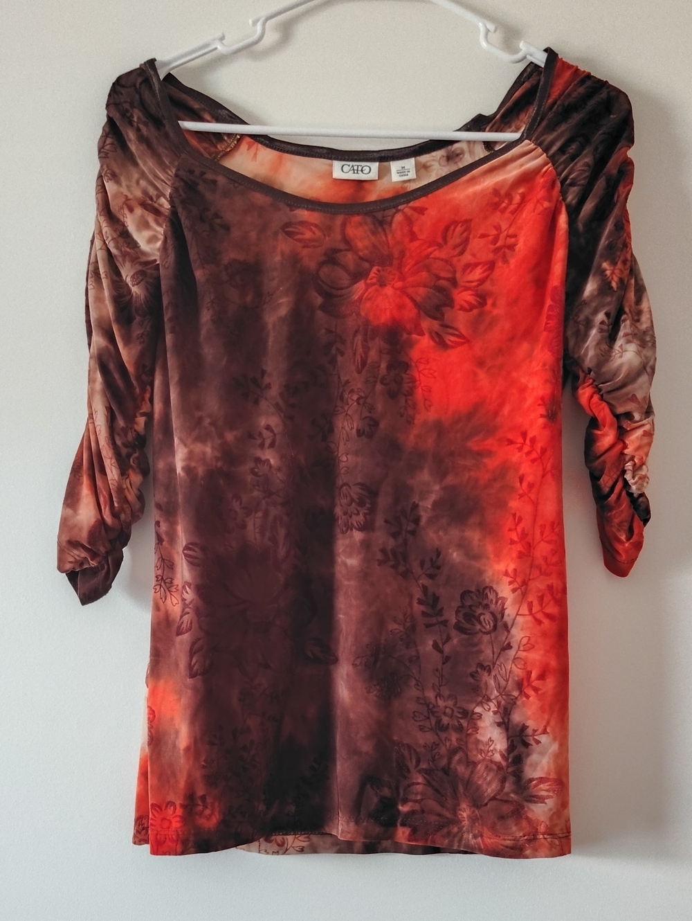 Burnt Orange & Brown Floral Brushed Velour Scoop Neck Top Medium Fall